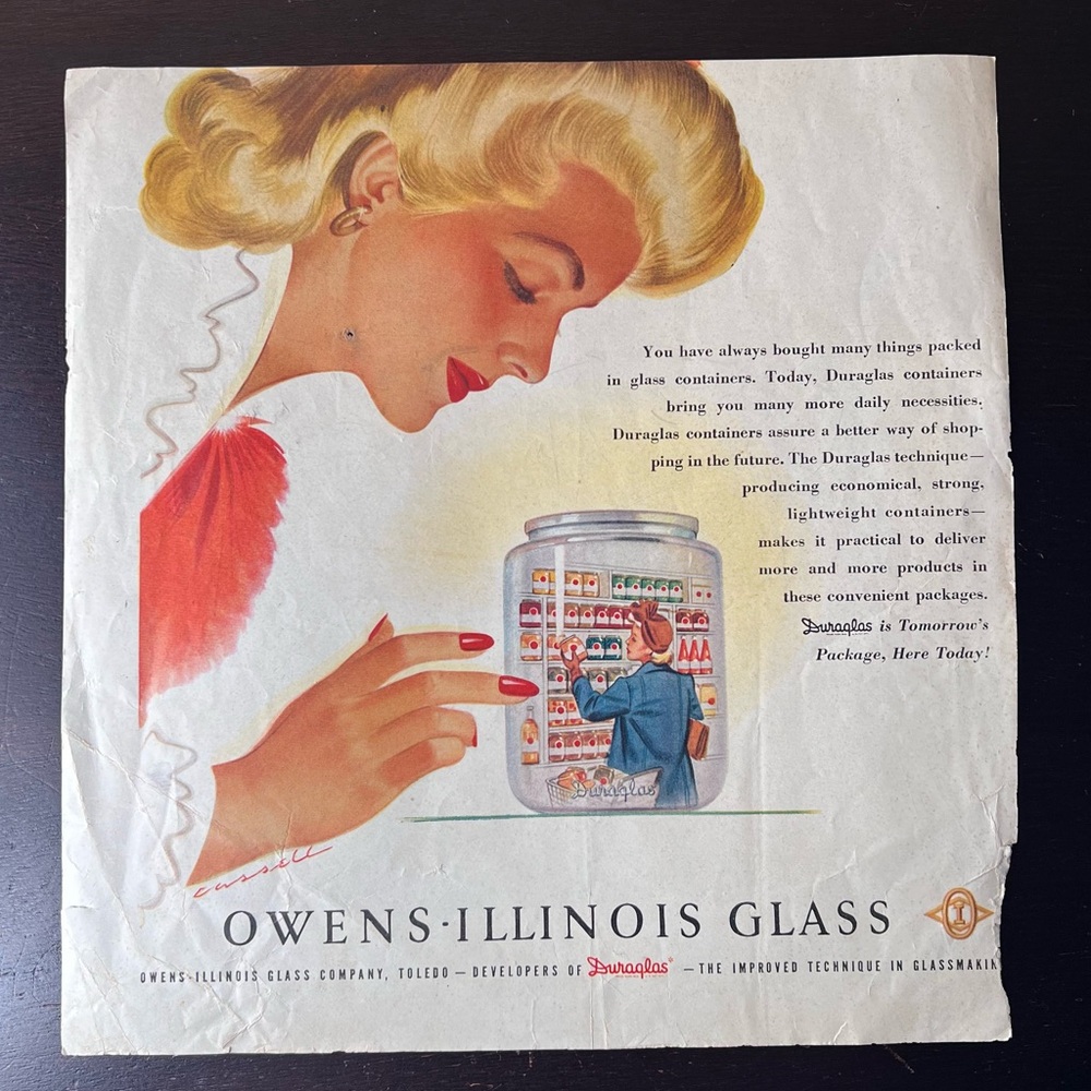 Vintage 1940s Owens-Illinois Glass Advertising Cutout, DuraGlass Mag Ephemera